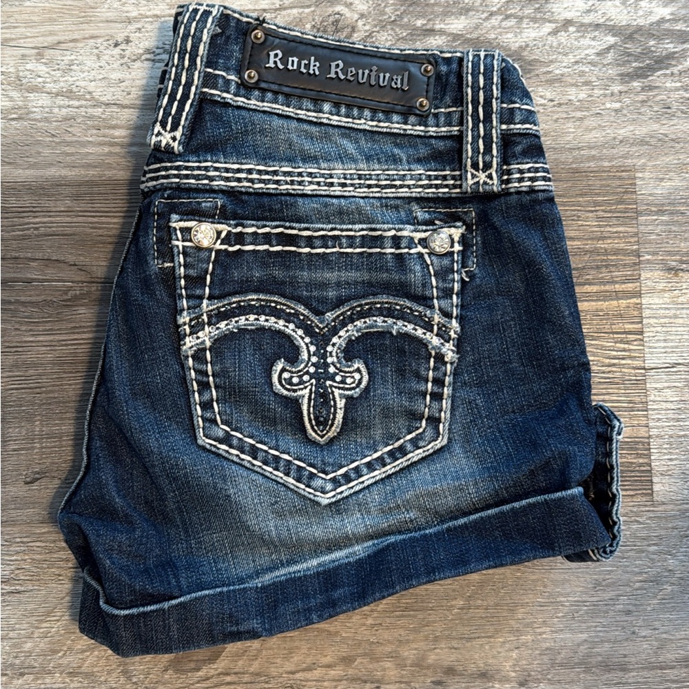 Rock Revival Dark Blue Denim Shorts with White Stitching